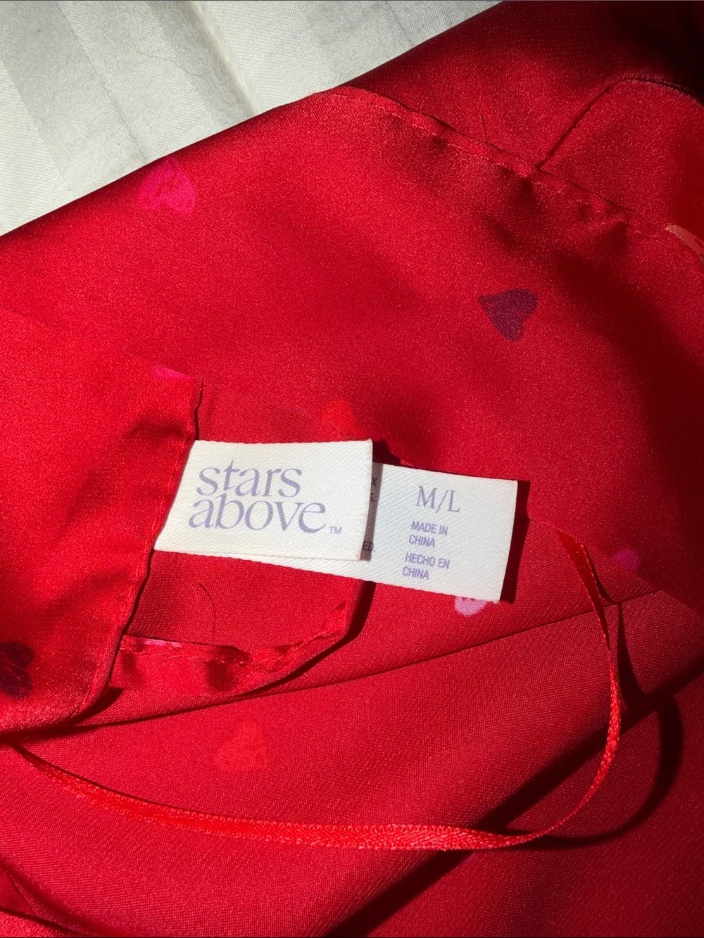 Red Satin Heart-Print Robe with Tie Waist